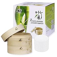 Asian Kitchen 6 Inch Bamboo Steamer Basket, Individually Box, 2 Tiers & Lid, 10 Parchment Liners, Perfect For Steaming Dumplings, Vegetables, Meat, Fish, Rice (Holiday Gifts)
