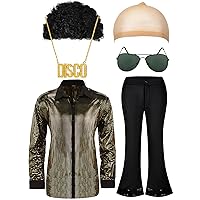 6 Pcs Men 70s Disco Costumes Include Retro Shirt Bell Bottom Pants Wig Sunglasses Necklace Wig Cap for Disco Party
