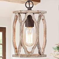 Farmhouse Pendant Light, Wood Rustic Cage Lantern Hanging Light Fixture for Kitchen Island, Foyer, Hallway, Bedroom and Entryway