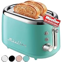 Mueller Retro Toaster 2 Slice with 7 Browning Levels and 3 Functions: Reheat, Defrost & Cancel, Stainless Steel Features, Removable Crumb Tray, Under Base Cord Storage, Turquoise