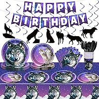121pcs Wolf Party Supplies Set Includes Plates Napkins Cups Tablecloth Swirls Banner Tableware Kit Dispose Animal Wolf Party Decorations Favors, Serve 16