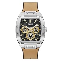 GUESS Mens Casual Multifunction 43mm Watch – Coffee Stainless Steel Case with Blue Diamond Dial & Brown Croco Leather Strap