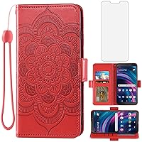 Asuwish Phone Case for Tracfone BLU View 3 B140DL Wallet Cover with Tempered Glass Screen Protector and Flip Credit Card Holder Stand Flower Folio Cell Accessories Blue View3 140DL Women Men Red