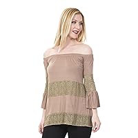 Women's Off Shoulder Top Lace Trim Bell Sleeve, Taupe