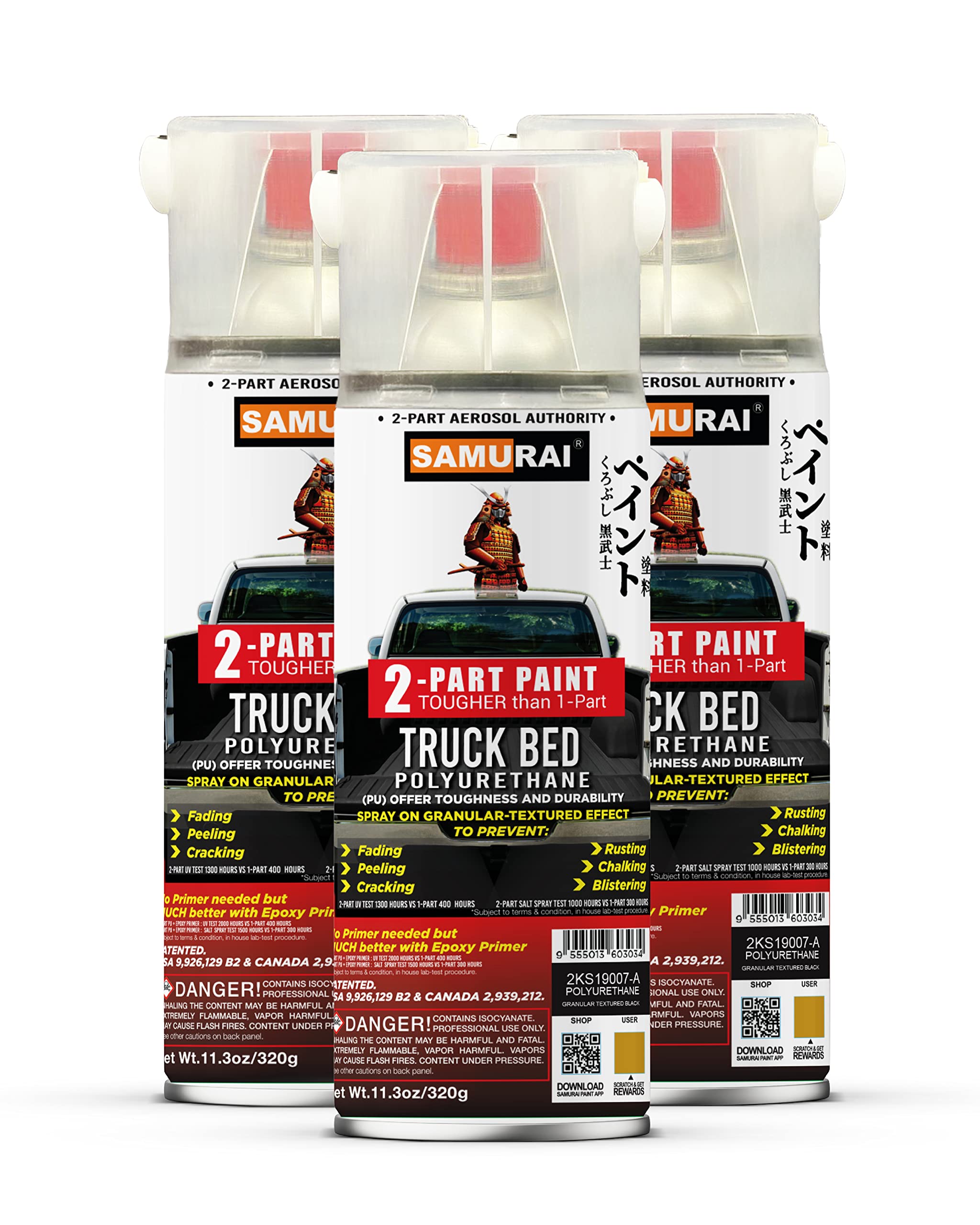 Samurai 2-Part Bed Liner Spray Black, 11.3 Ounce - 2-Part Polyurethane Spray  Paint - UV & Rust Resistant Bedliner Spray Can - 1 Pack 