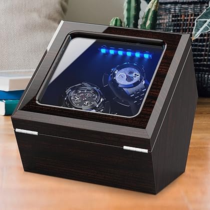 INCLAKE High End Double Watch Winder for Rolex with Super Quiet Motor, Blue LED Light & Flexible Watch Pillows, Watch Winders for Automatic Watches with AC Adapter or Battery Powered