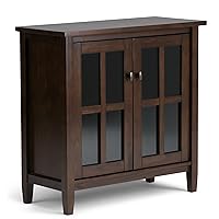 SIMPLIHOME Warm Shaker SOLID WOOD 32 inch Wide Rustic Low Storage Cabinet in Tobacco Brown, with 2 Adjustable Shelves, Tempered Glass Door
