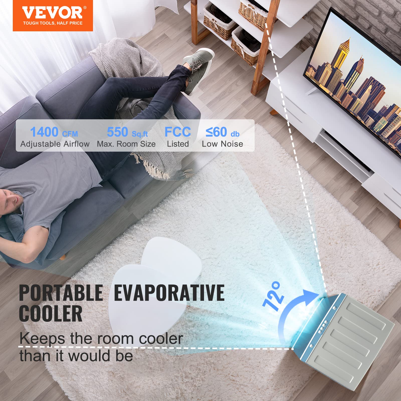 VEVOR Evaporative Air Cooler,100W 1400CFM Swamp Cooler with 5 Gallon Water Tank,Humidifying,3 Modes & Speeds Portable 3-IN-1 Cooling Fan,Energy-Saved Air Cooler for 550 Sq.Ft Indoor or Outdoor
