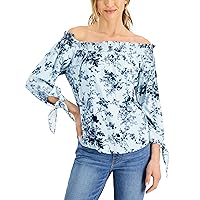 Tommy Hilfiger Womens Floral Print Off-The-Shoulder Blouse Blue XL