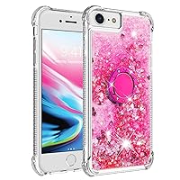 Shockproof Case for iPhone 8/iPhone SE 2020/2022,Glitter Bling Shine Diamond Heart Rainbow Quicksand Transparent TPU Shell with Rotating Finger Ring Kickstand