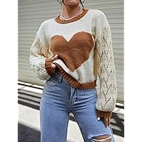 Womens Hoodies Pullover Heart Pattern Contrast Trim Pointelle Knit Drop Shoulder Sweater Sweaters (Color : Multicolor, Size : Large)
