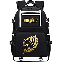 Anime Fairy Tail Backpack for Men Gold Printed Schoolbag Laptop Backpack Large Capacity Rucksack with USB Charging Port Black