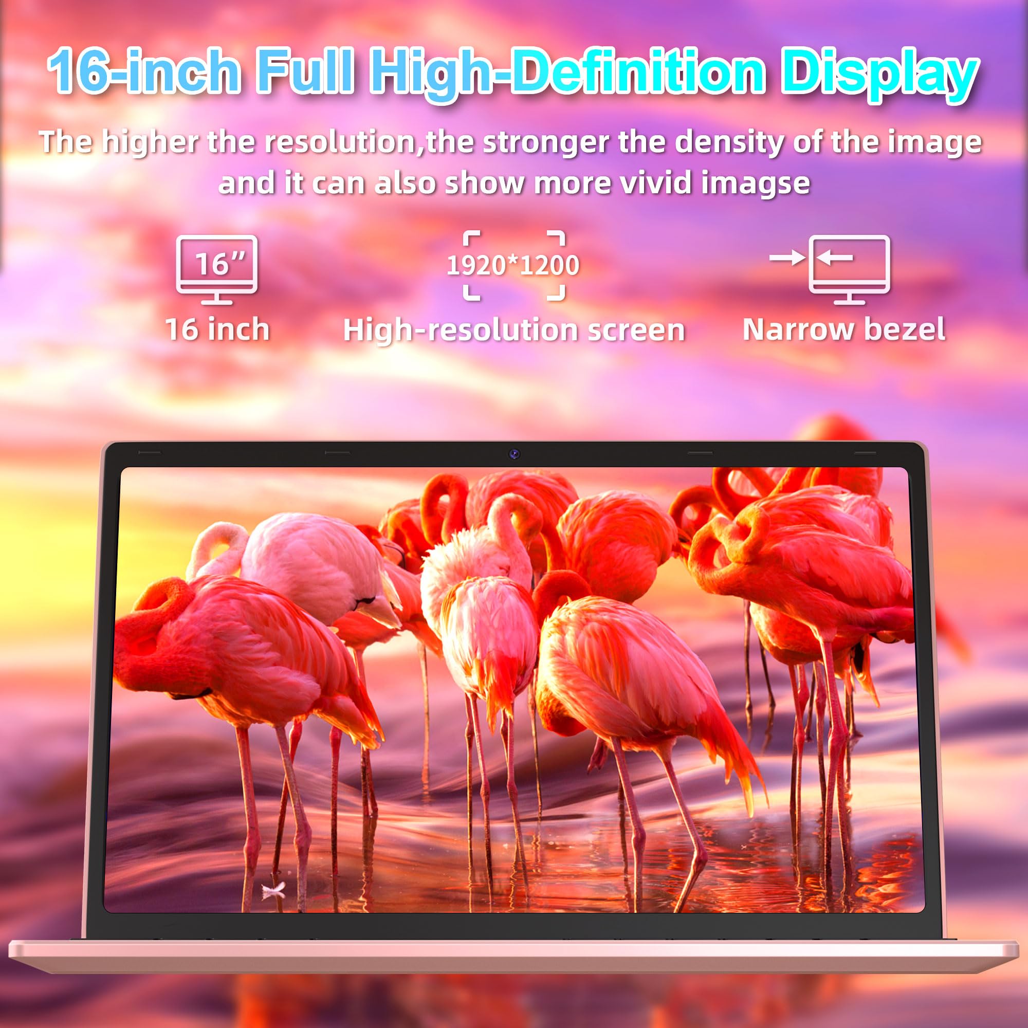 【Win 11 Pro/Office 2019】16 inch Laptop Narrow Bezels FHD (1920*1200) IPS Display, High Performance Celeron N5105 CPU, 16GB RAM, 512GB SSD, with Full Size Numeric Backlit KB, Rose gold (16G+512G SSD)