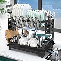 B-Land Dish Drying Rack, 2 Tier Dish Racks for Kitchen Counter, Large Dish Drying Rack with Drainboard & Utensil Holders, Rust-Proof Dish Drainers,Kitchen Organization