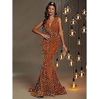 Dresses for Women - Plunging Neck Mermaid Hem Sequin Formal Dress (Color : Orange, Size : Medium)