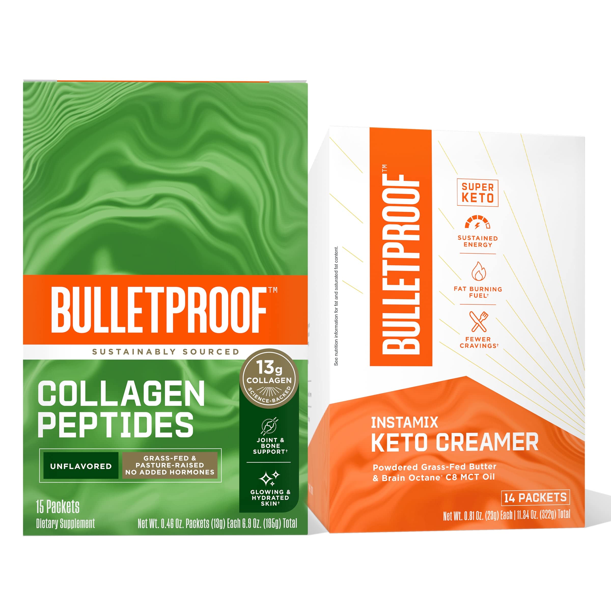 Bulletproof Coffee Duo - InstaMix Keto Coffee Creamer with Grass-Fed Ghee and MCT oil, 14 Pack & Unflavored Collagen Protein with 13g Grass-Fed Collagen Peptides for Skin, Bones, and Joints, 15 Pack