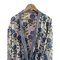 Blue Floral Kimono Indian Handmade Block Print Kimono Bath Robes Clothing Beach Wear Robes Cotton Kimonos Swim Wear Robes Body Crossover By RANJANACRAFT. (40 inch long UK women's)