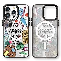 Magnetic for iPhone 14 Pro Magsafe Case Cute Aesthetic - Black Wireless Charging Phone Case with Wrist Strap - Girly Travel Pattern Print Cover Design for Woman Girl 6.1 inches