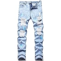 Men's Jeans Men Star Patched Ripped Bleach Wash Jeans Jeans for Men
