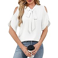 Blooming Jelly Womens Dressy Casual Blouse Bow Tie Neck Business Casual Top Cut Out Short Sleeve Shirt 2024