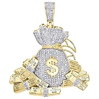 10K Yellow Gold Diamond Money Bag Pendant - 100 Dollar Stacks Pendant for Men - 1.85