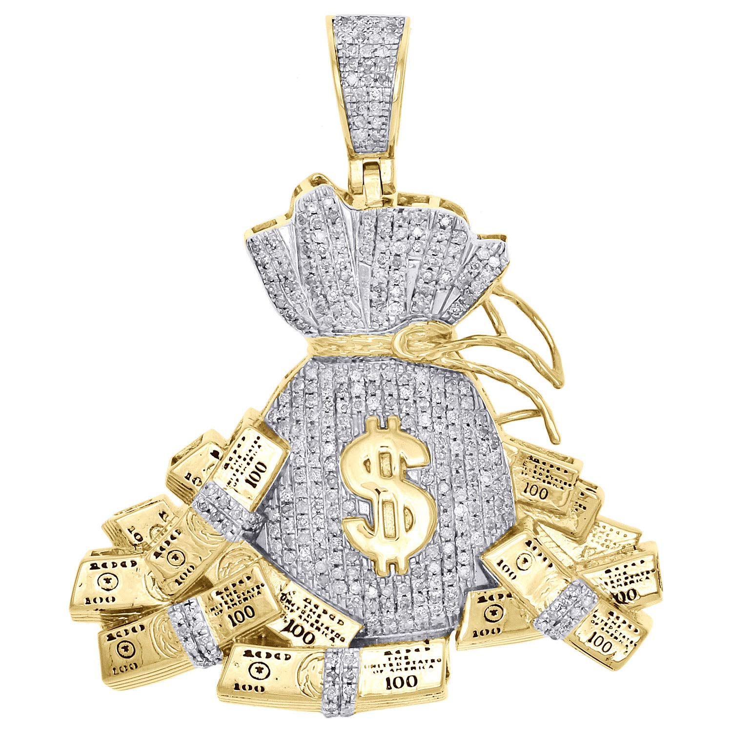 TGDJ 10K Yellow Gold Diamond Money Bag Pendant - 100 Dollar Stacks Pendant for Men - 1.85