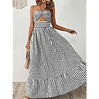 Women's Dress Striped Print Cut Out Ruffle Hem Halter Dress (Color : Black and White, Size : Small)