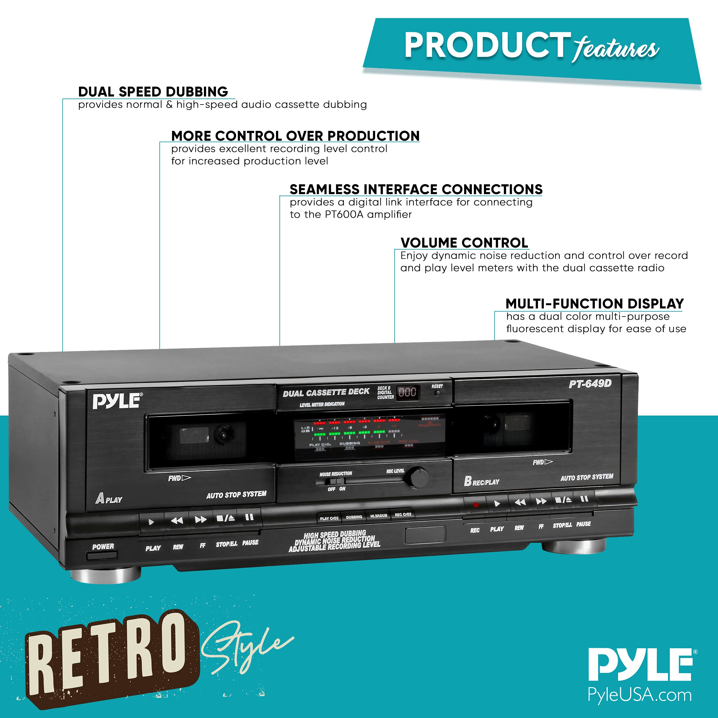 PyleUsa Dual Stereo Cassette Tape Deck-Clear Audio Double Player Recorder System w/ MP3 Music Converter, RCA for Recording, Dubbing, USB, Retro Design - for Standard/CrO2 Tapes, Home Use - PT659DU.5