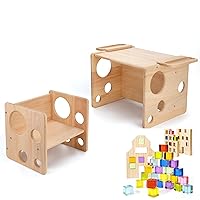 Montessori Weaning Table and Chair Set for Toddler, Natural Solid Wooden Kids Table Cube Chair for Boy Girl, with Wooden Building Blocks Set for Kids, 36 PCS Rainbow Acrylic Gem Cubes Blocks