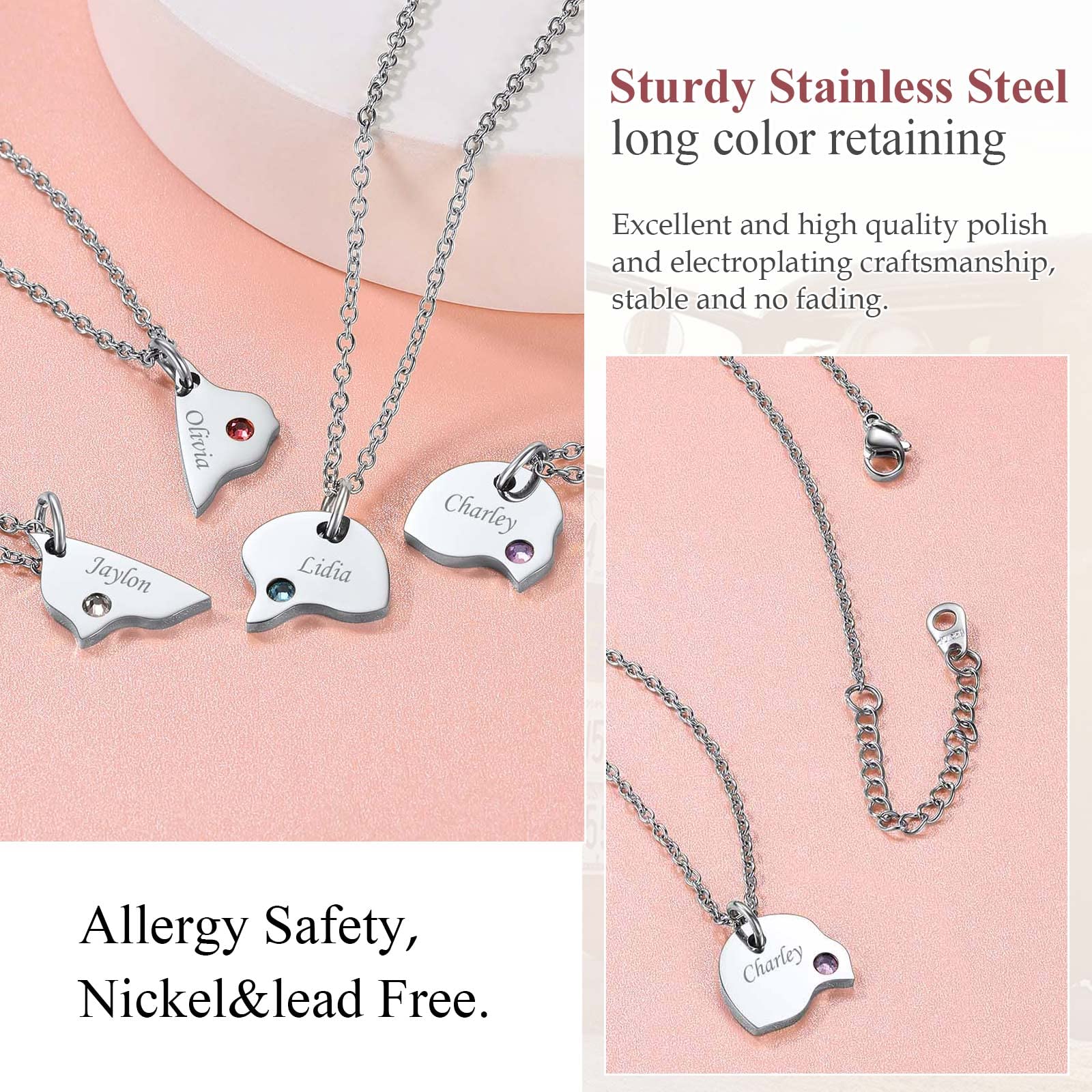 FindChic Personalized Matching BFF Necklace for 2/3/4/5/6 Puzzle Name Heart Pendant Stainless Steel Couple Necklace Set Customized Necklaces for Teen Girls