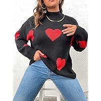 Women's Plus Size Sweater Plus Heart Pattern Mock Neck Drop Shoulder Sweater Women's Plus Size Sweater (Color : Black, Size : 0XL)