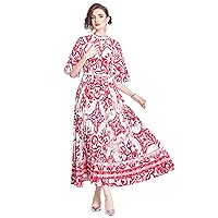 LAI MENG FIVE CATS Women's Casual Elegant Pleated V Neck Long Sleeves Maxi Swing Party Dress