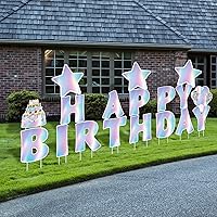 Jetec 18 Pcs Iridescent Happy Birthday Yard Sign with Stakes Shiny Happy Birthday Yard Lawn Signs Cake Balloon Star Outdoor Birthday Yard Decorations for Birthday Party Supplies, Holographic Color