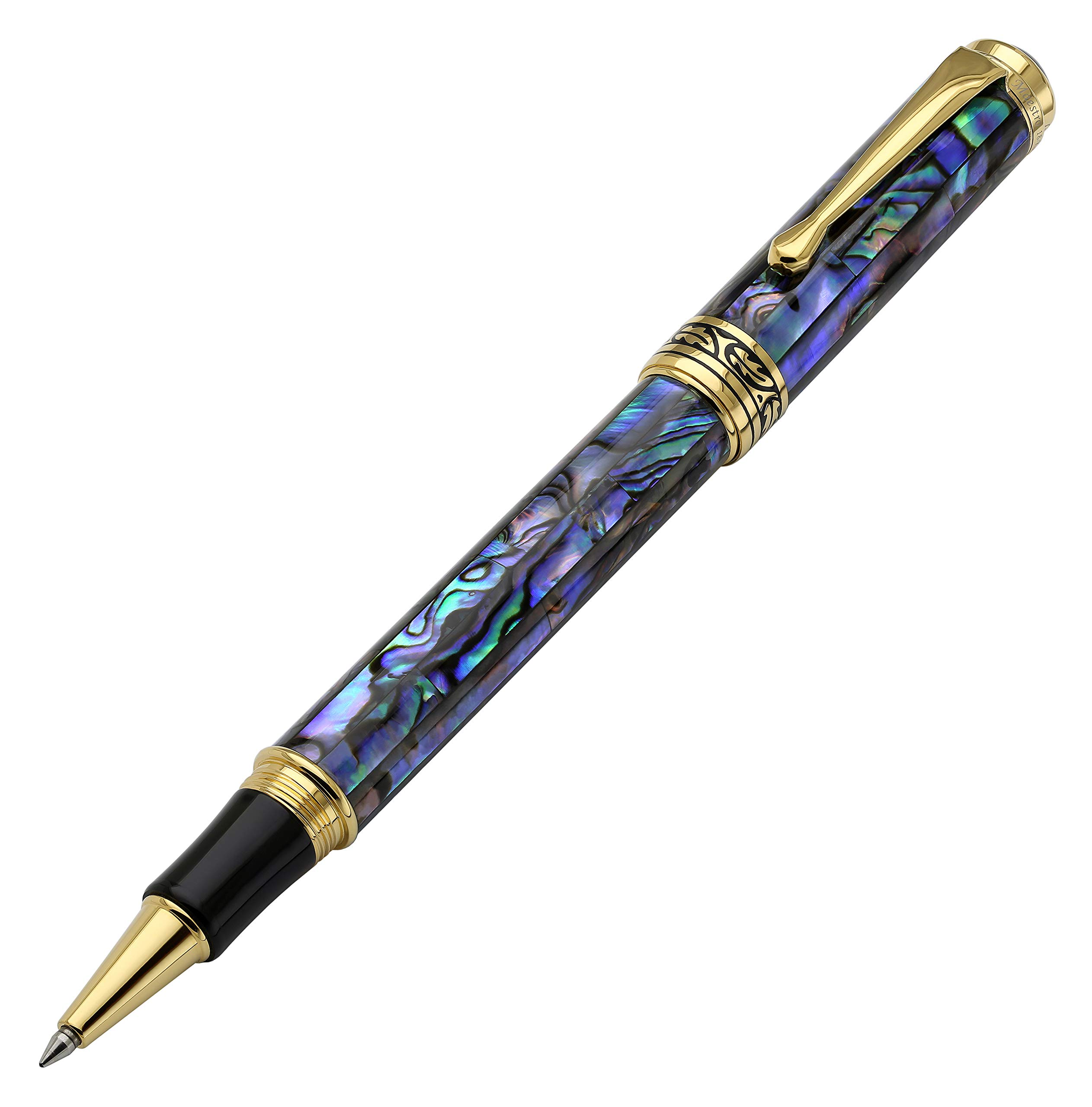 Xezo Maestro Fine Point Rollerball Pen, Iridescent Paua Sea Shell with 18 Karat Gold Plating. Handmade, Limited Edition, Serialized. No Two Alike