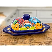 Enchanted Talavera Mexican Handmade Talavera Pottery Hand Painted Ceramic Butter Dish Kitchen Stick Holder With Lid Spanish Hand Painted Crock Floral Design Serving Set (Cobalt Blue Multi)