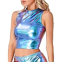 CHICTRY Women PVC Leather Wet Look Tank Crop Tops Sleeveless Vest T-Shirt Stretchy Top