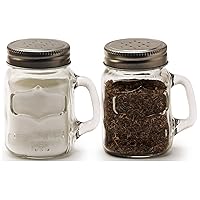Circleware Glass Mini Mason Jar Mug Salt and Pepper Shakers with Handles & Metal Lids, Kitchen Glassware Preserving Containers, Perfect Himalayan Seasoning Spices, 2-Piece Set, 5 oz, Clear, Silver