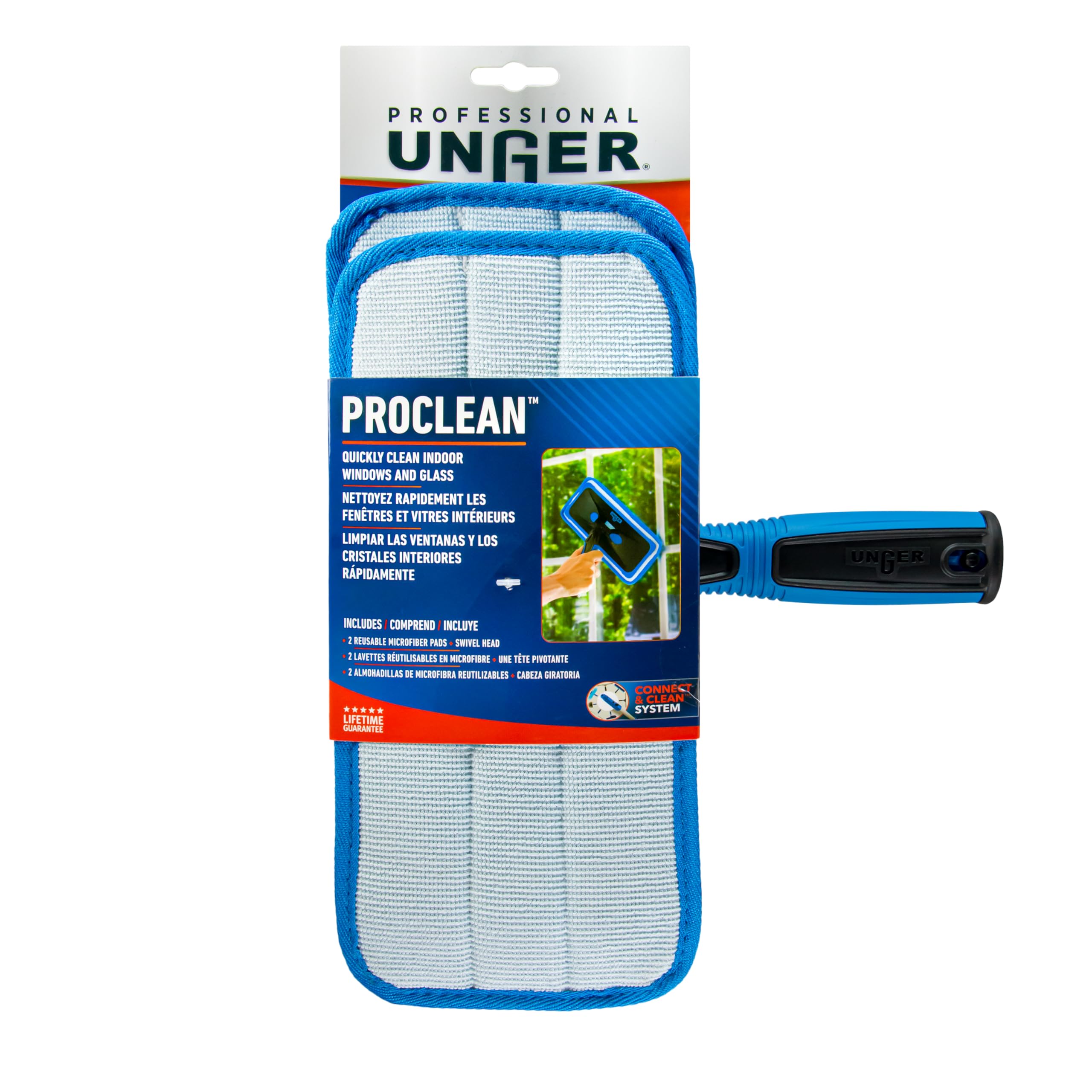 Unger ProClean Indoor Window Cleaner, Tool for Window, Glass, and Mirror Cleaning, Streak-Free Results, Reusable Microfiber Pads for Sustainability