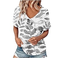 Summer Shirts for Women Eyelet Short Sleeve V Neck Tops Shirt Floral Printed Loose Casual Tee Dressy Blouses