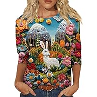 Workout Easter Tops for Women,Women's Round Neck Easter Egg and Bunny Printed Tops 3/4 Sleeve Length Summer Boho Blouse