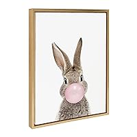 Kate and Laurel Sylvie Bubble Gum Bunny Framed Canvas Wall Art by Amy Peterson Art Studio, 18x24 Gold, Cute Whimsical Animal Art for Wall