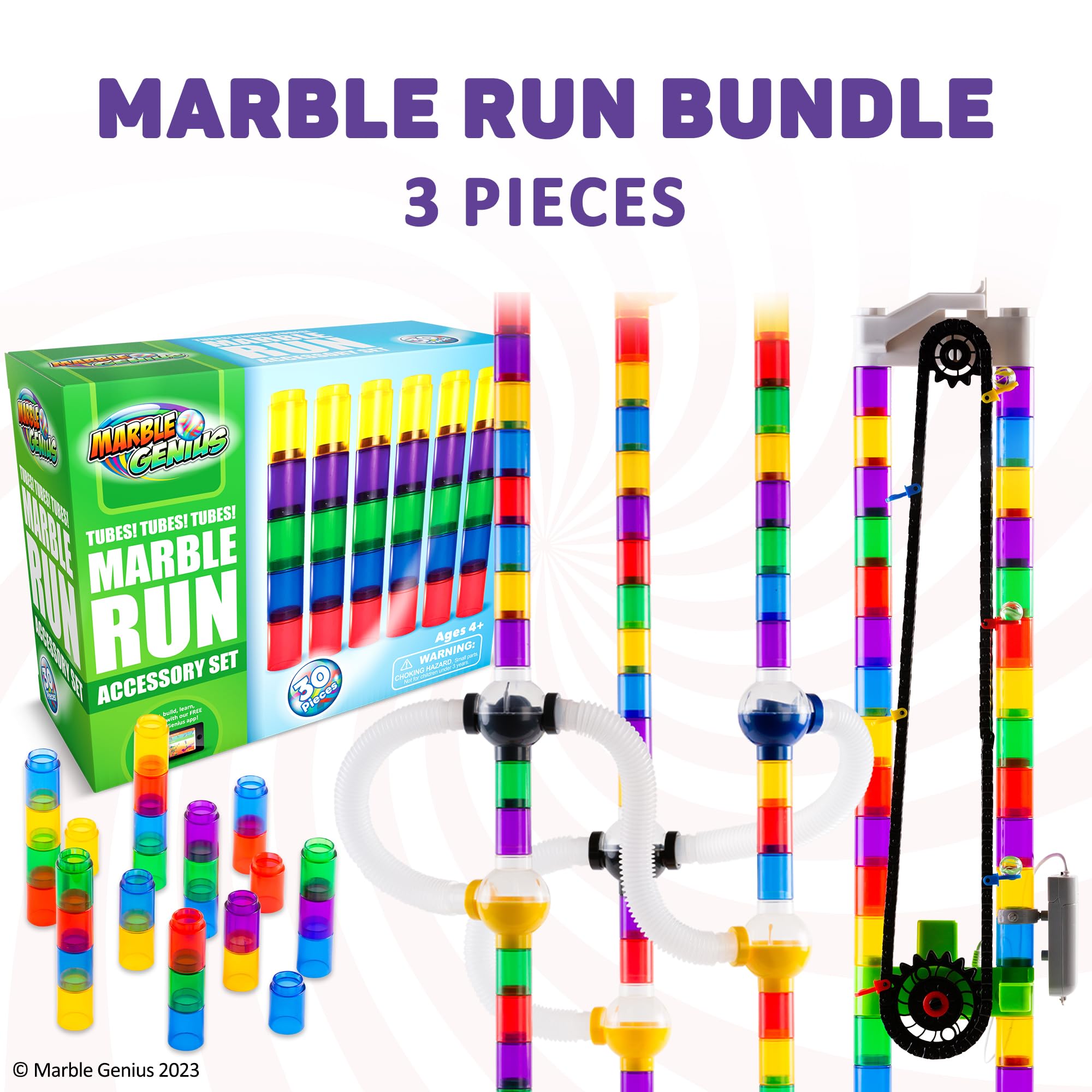 Marble Genius Bundle: Automatic Chain Lift, Pipes, Spheres, and, Tubes, The Perfect Marble Run Accessory Add-On Sets for Creating Exciting Mazes, Tracks, and Races