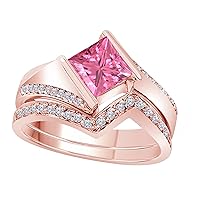 1.50 Ct Princess & Round Cut Cteated Pink Sapphire & Cubic Zirconia 14k Rose Gold Plated Alloy Half Bezel Vintage Design Wedding Band Engagement Bridal Ring Set Size 4 to 11