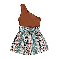 WDIRARA Girl's 2 Piece Outfits One Shoulder Sleeveless T-Shirt And Geometric Print Shorts Set