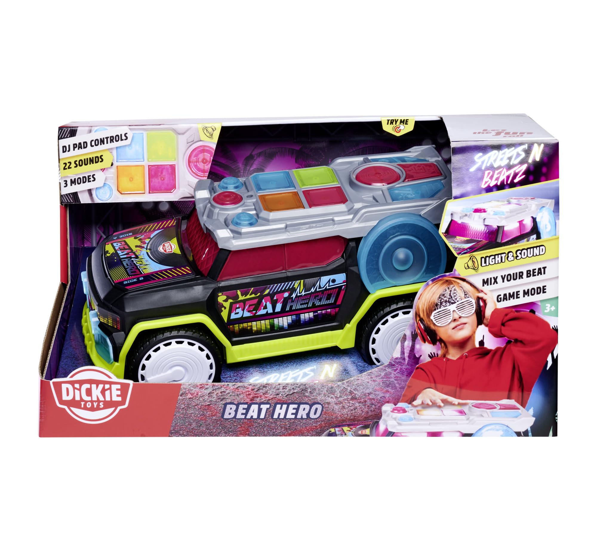 Dickie Toys - Beat Hero 203767001 +3 Years Car with Music Console, 22 Sounds, LED Lights, 3 Game Modes, Streat n Beatz