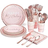 175PCS Happy Birthday Plates and Napkins Party Supplies, Paper Pink and Rose Gold Plastic Forks Knives Spoons Serve 25 Guests for Girl Women