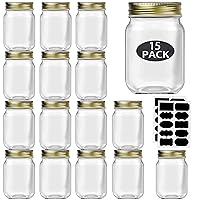 16 oz Mason Jars With Lids Regular Mouth 15 Pack-16 oz Glass Jars with Lids,Bulk Pint Clear Glass Jars For Meal Prep, Food Storage With 20 Labels (Gold Lids)