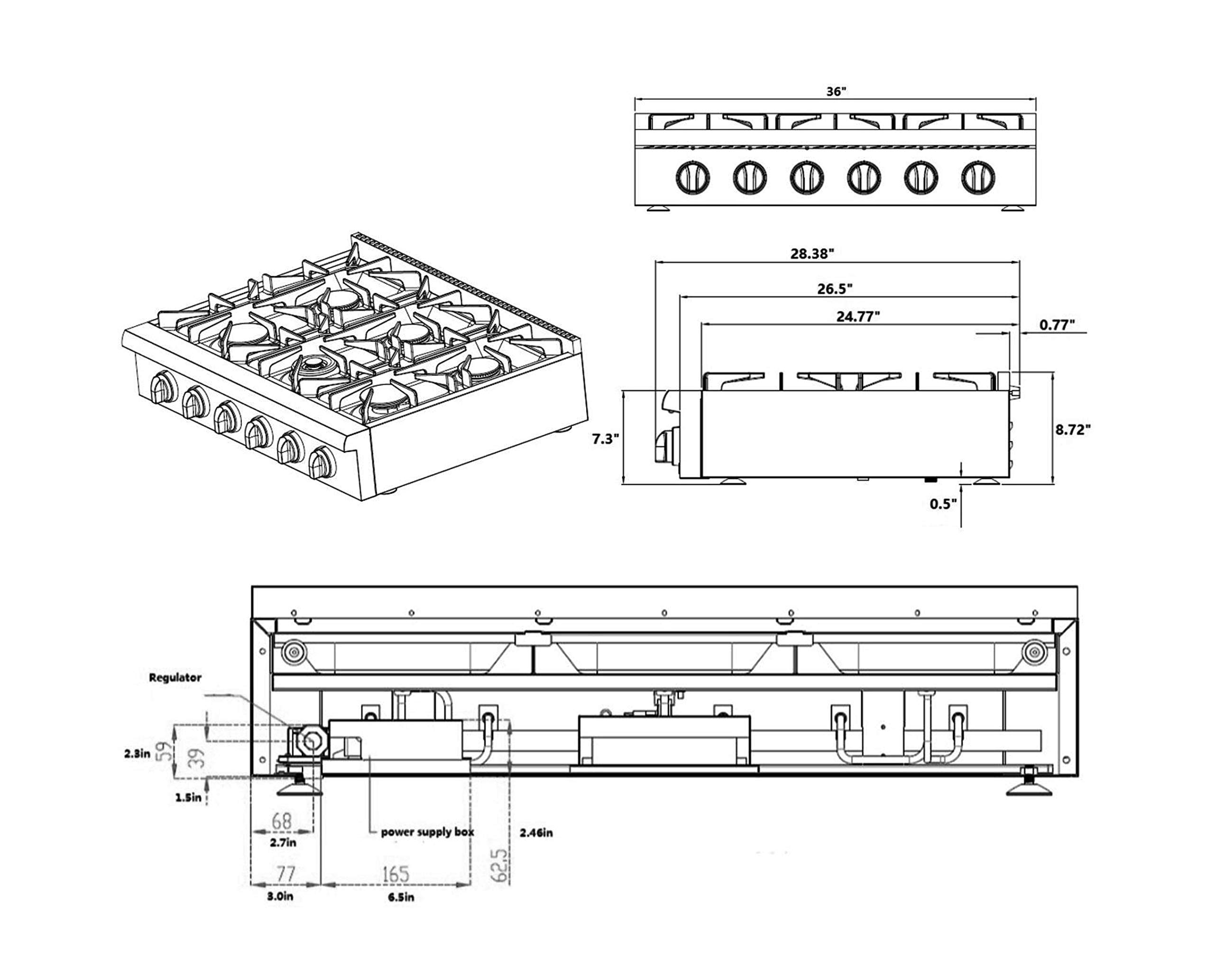 Empava 36 in. Pro-Style Professional Slide-in Natural Gas Rangetop with 6 Deep Recessed Sealed Ultra High-Low Burners-Heavy Duty Continuous Grates in Stainless Steel, 36 Inch, Silver