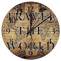 15 inch Silent Non-Ticking Wall Clocks Battery Operated Travel The World Wooden Wall Decor for Kids Room Retro Map Backdrop Modern Round Wooden Wall Clock Country for Exercise Room New Home