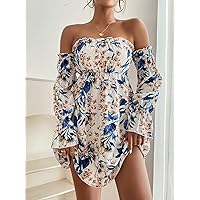 Summer Dresses for Women 2022 Floral Print Off Shoulder Flounce Sleeve Dress Dresses for Women (Color : Multicolor, Size : X-Small)